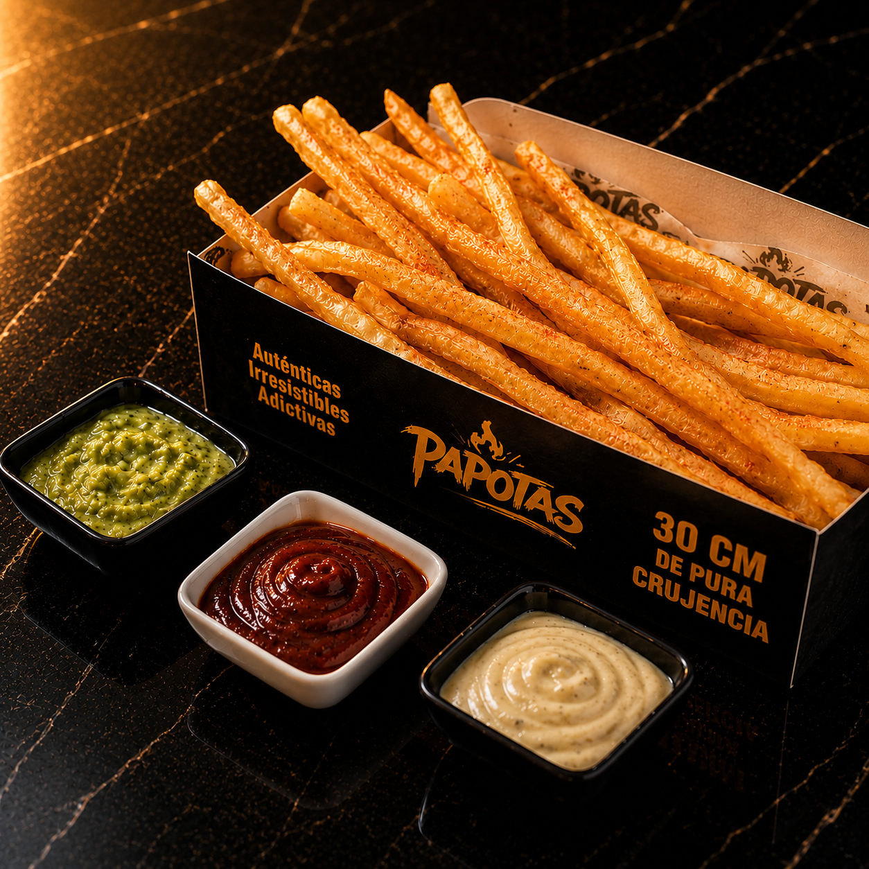 Papotas Original, papas fritas gigantes doradas y crujientes con salsas brutales